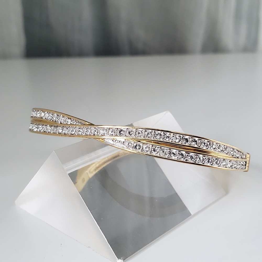 Swarovski Edith Goldtone Twist Rows Pave Hinged Bracelet